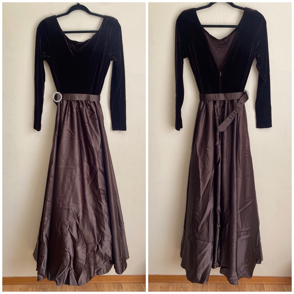 Vintage Dave & Johnny Velvet Formal Dress Long Sleeve Belted Brown READ
